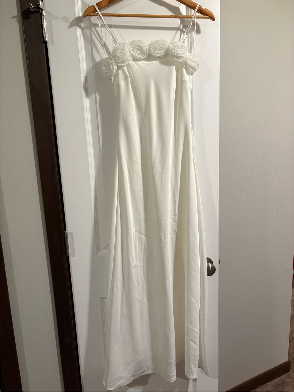 Ivory Rose-Trim Spaghetti Strap Maxi Dress